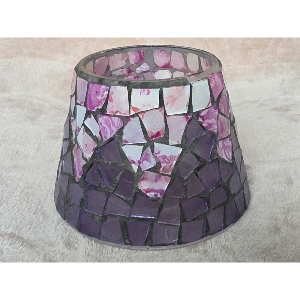 Purple Pink Mosaic Glass Candle Holder Sleeve Floral Tapered Jar Shade Decor 4x5